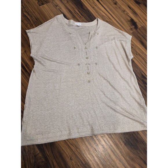 J Jill Love Linen Shirt Embroidered Beaded Sz XL Tan Lagenlook Coastal - Picture 1 of 13